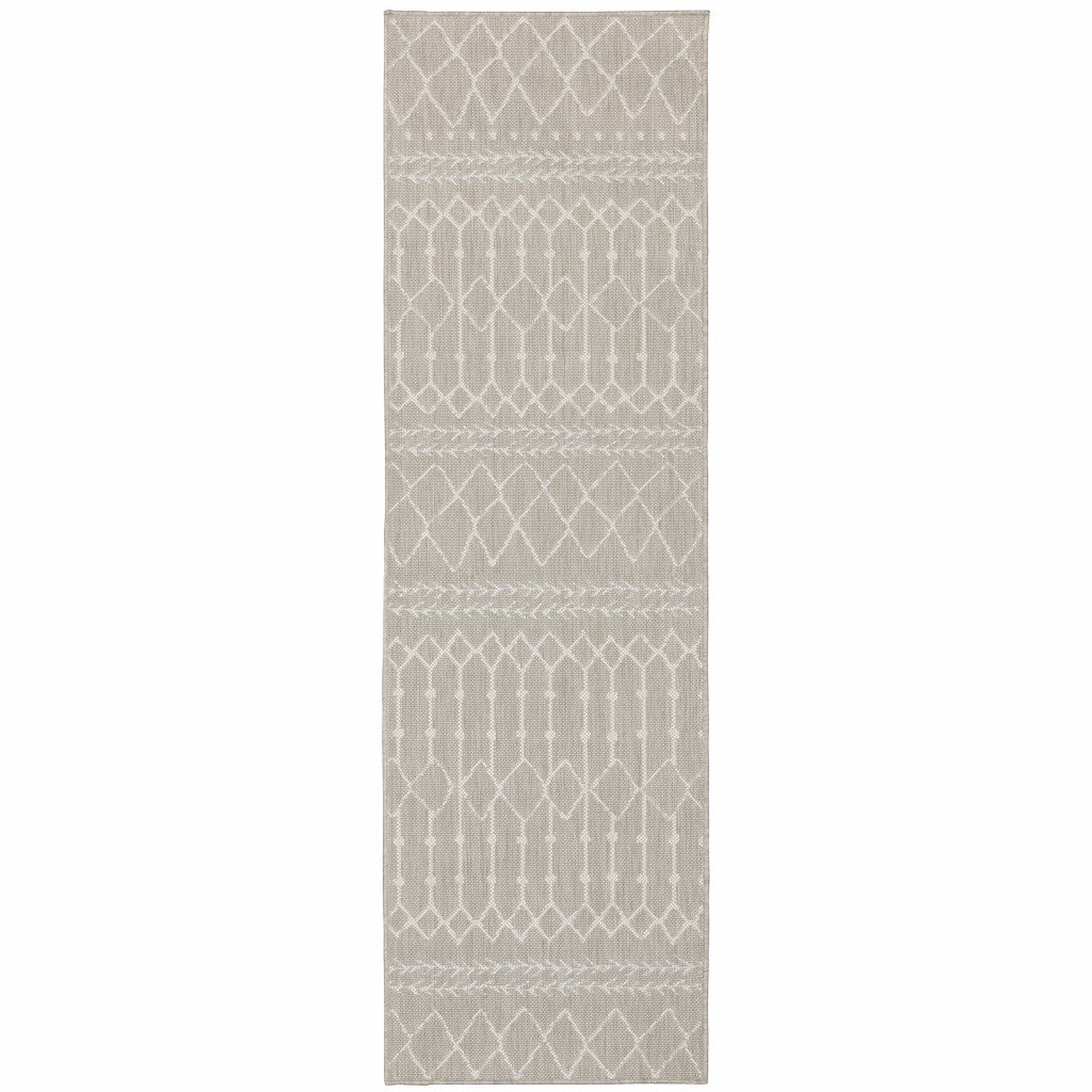 2’X7’ Gray And Ivory Geometric Indoor Outdoor Runner Rug