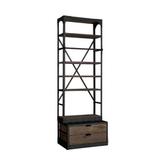 94" Black Iron Five Tier Standard Bookcase With Two Drawers