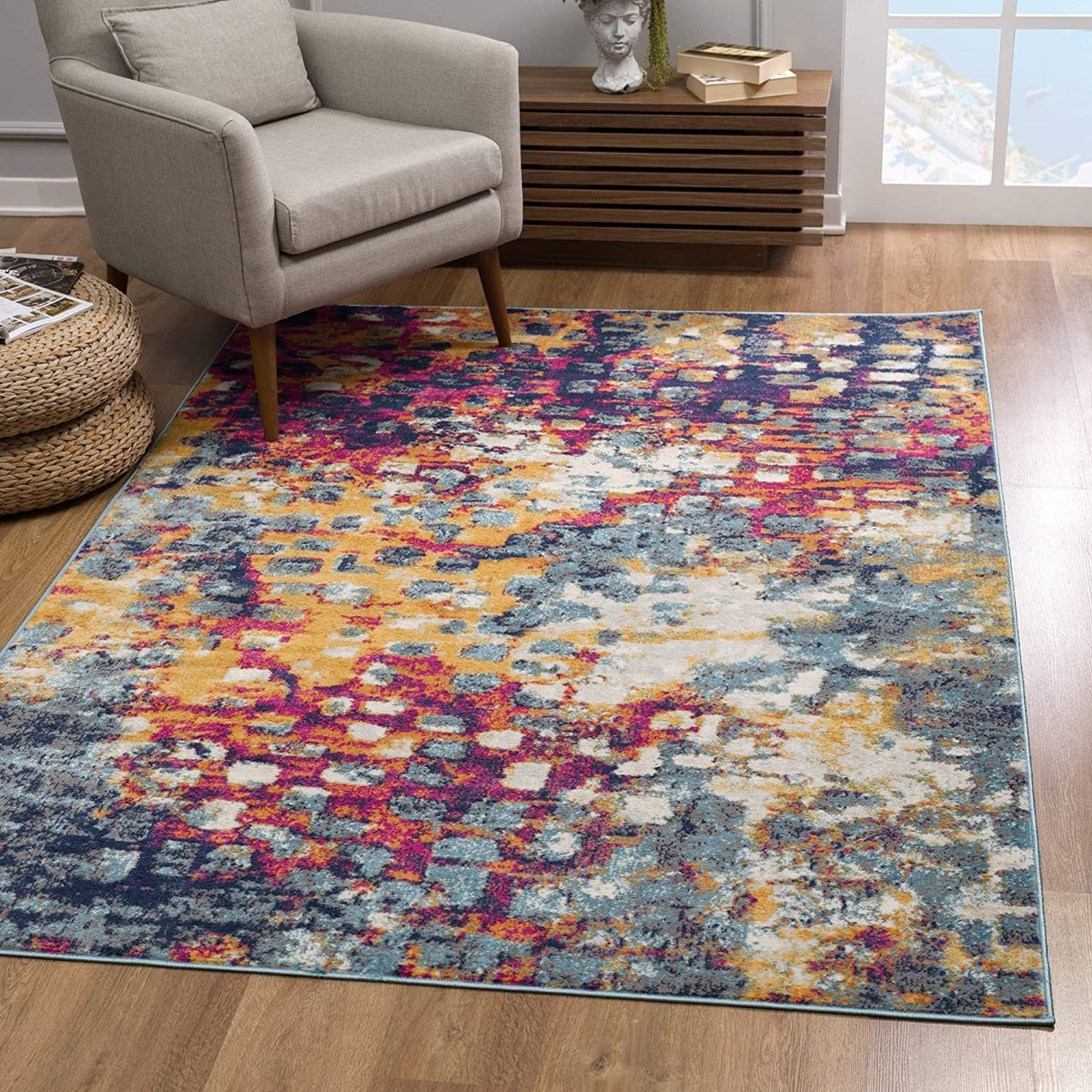 13' Runner Blue And Gold Abstract Dhurrie Runner Rug