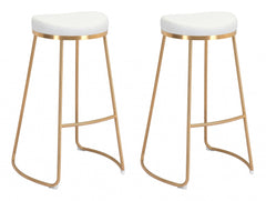 Set Of Two 31" White And Gold Steel Backless Bar Height Chairs With Footrest