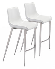 Set Of Two 43" White And Silver Steel Low Back Bar Height Chairs With Footrest