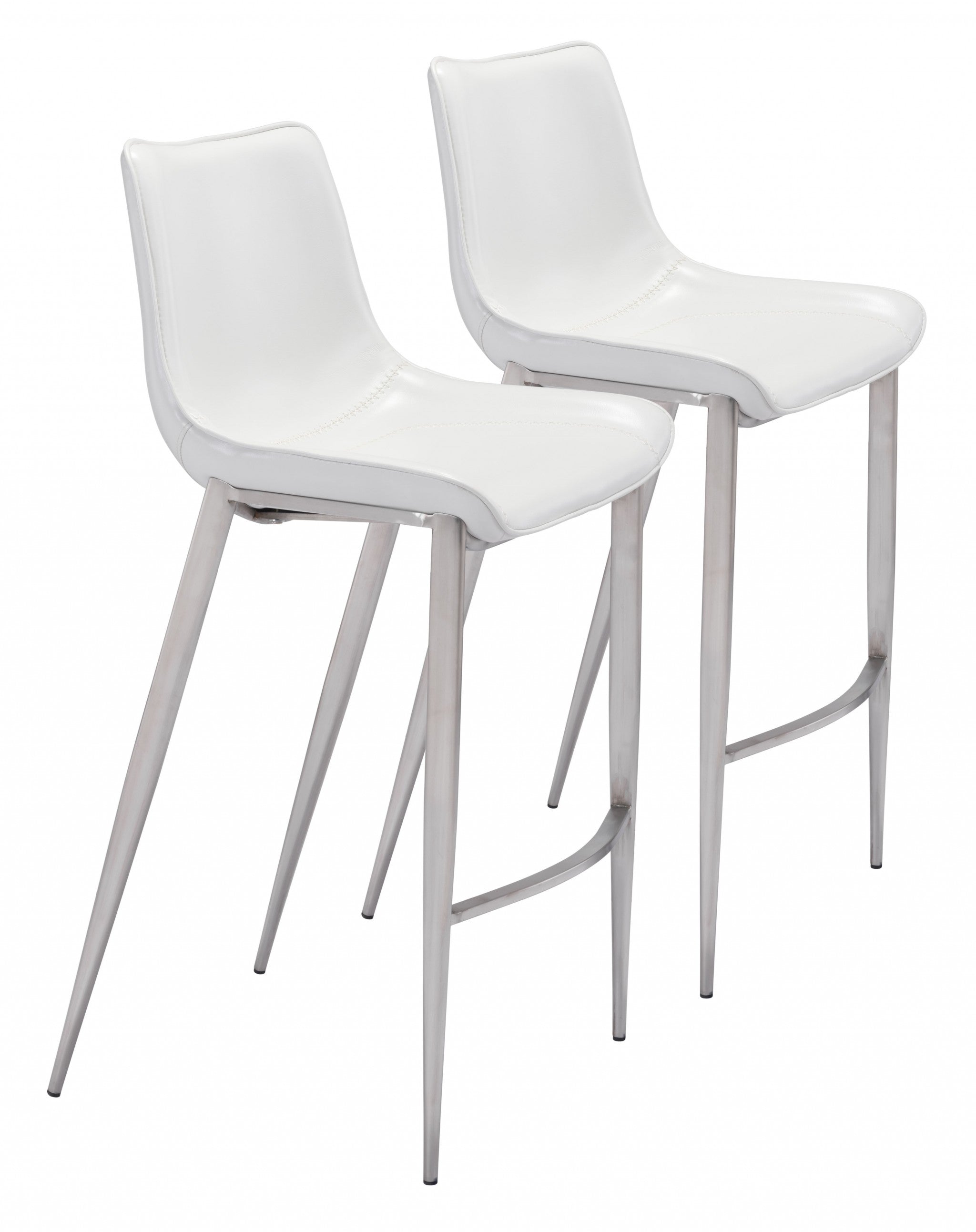 Set Of Two 43" White And Silver Steel Low Back Bar Height Chairs With Footrest