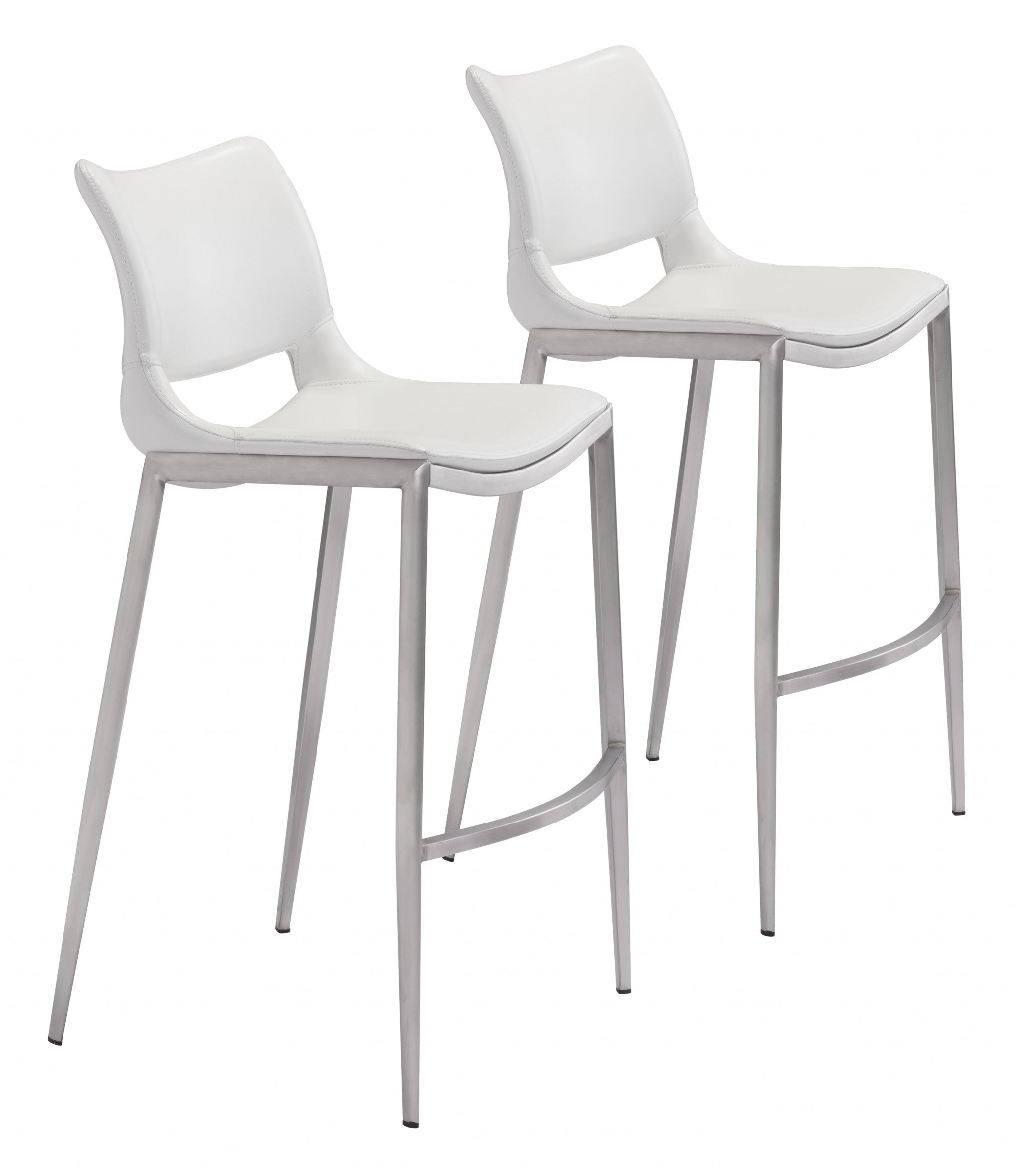 Set Of Two 41" White And Silver Steel Low Back Bar Height Chairs With Footrest