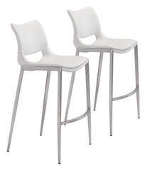 Set Of Two 41" White And Silver Steel Low Back Bar Height Chairs With Footrest