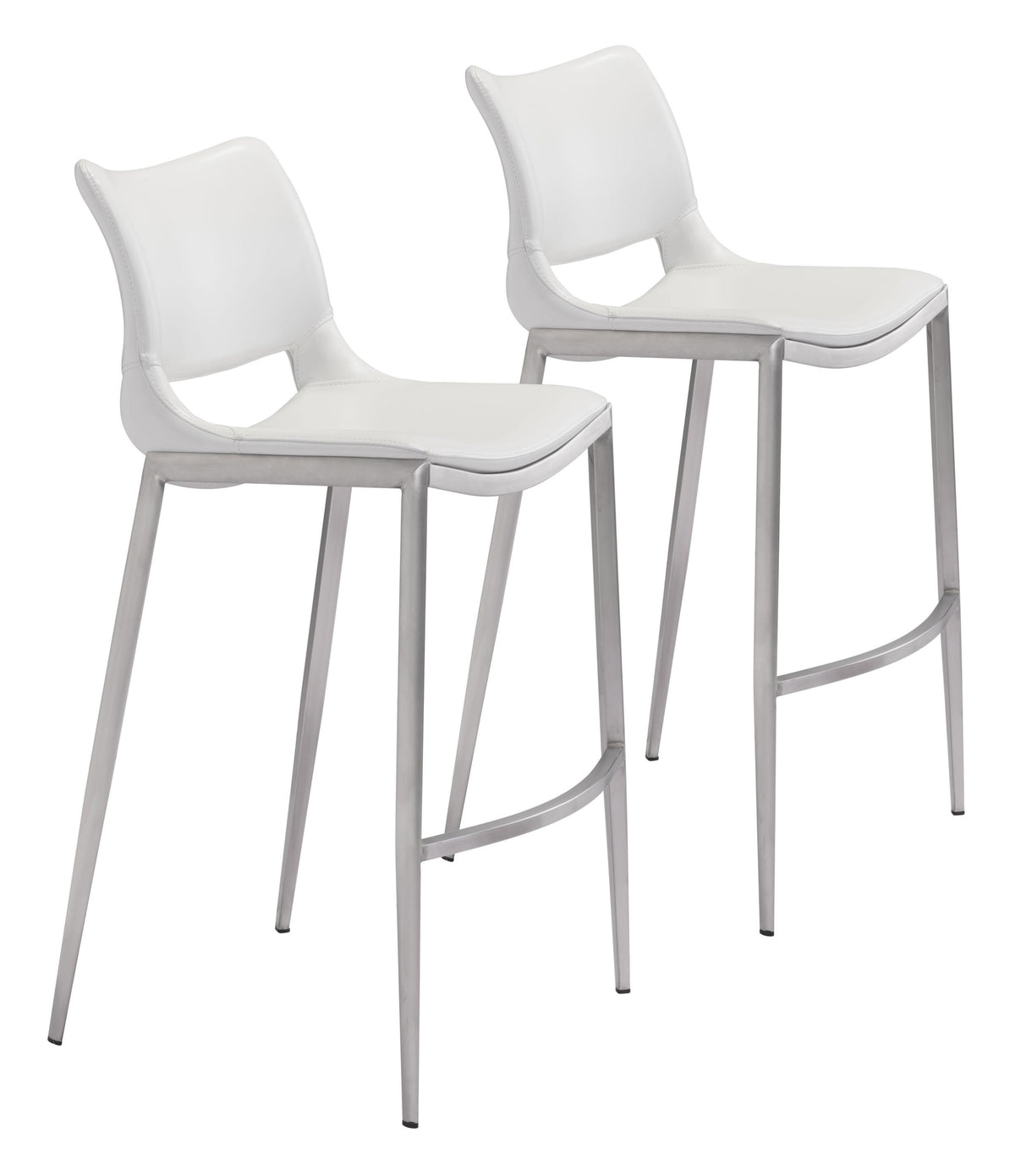Set Of Two 41" White And Silver Steel Low Back Bar Height Chairs With Footrest