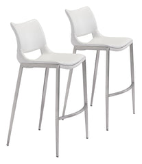 Set Of Two 41" White And Silver Steel Low Back Bar Height Chairs With Footrest