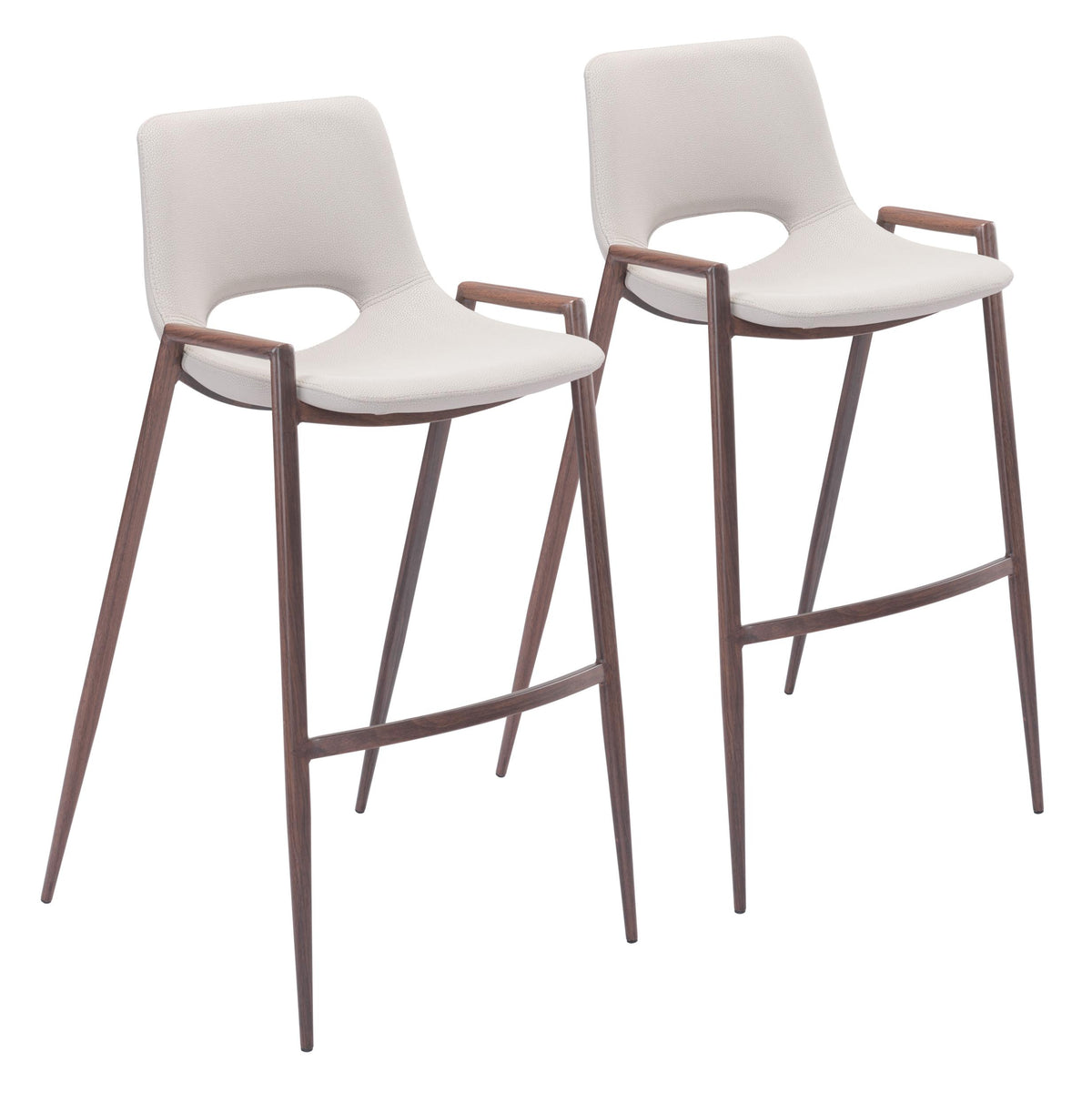 Set Of Two 39" Beige And Brown Steel Low Back Bar Height Chairs With Footrest