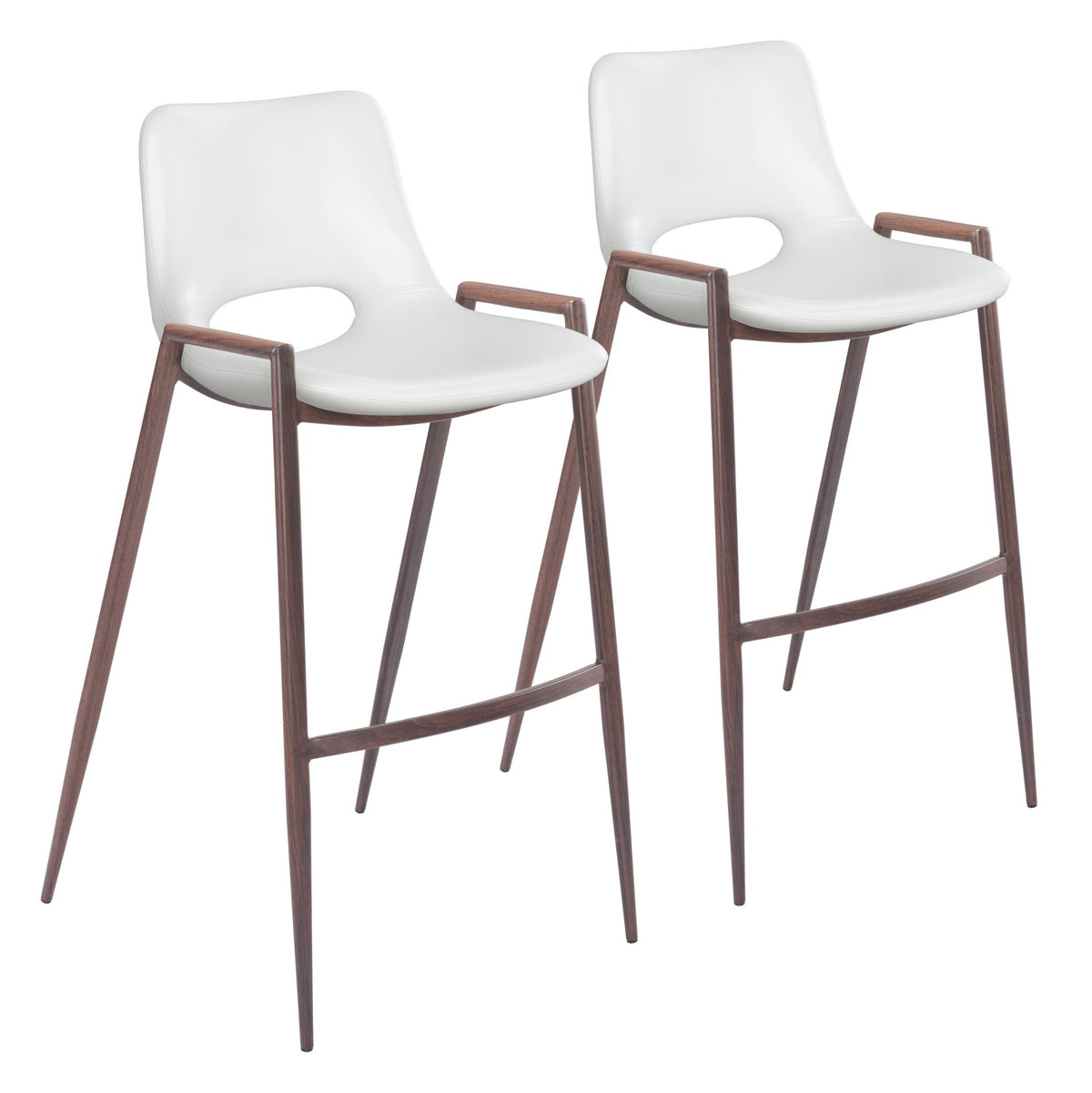 Set Of Two 39" White And Brown Steel Low Back Bar Height Chairs With Footrest