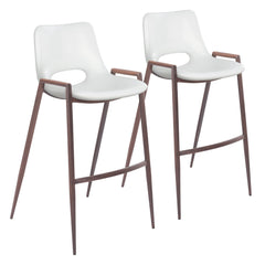 Set Of Two 39" White And Brown Steel Low Back Bar Height Chairs With Footrest