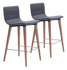 Set Of Two 34" Gray And Brown Solid Wood Low Back Counter Height Bar Chairs With Footrest