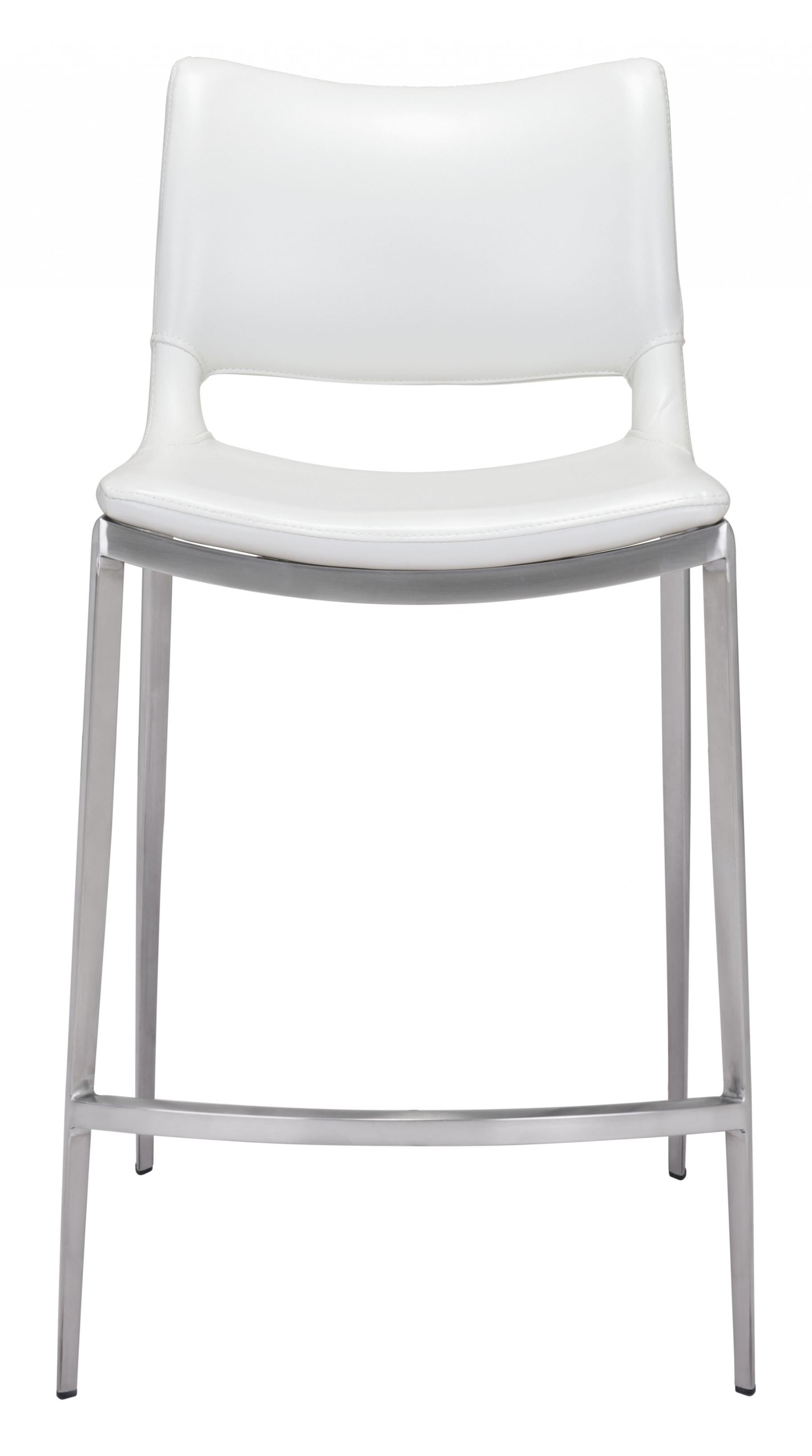 Set Of Two 37" White And Silver Steel Low Back Counter Height Bar Chairs With Footrest