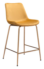 39" Yellow Velvet And Gold Low Back Counter Height Bar Chair With Footrest