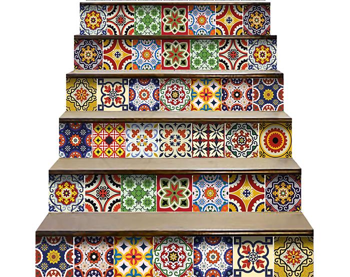 7" X 7" Blue Red Yellow Mosaic Peel And Stick Tiles