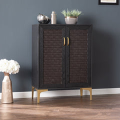 Modern Rustic Black Gold and Faux Rattan Bar Cabinet