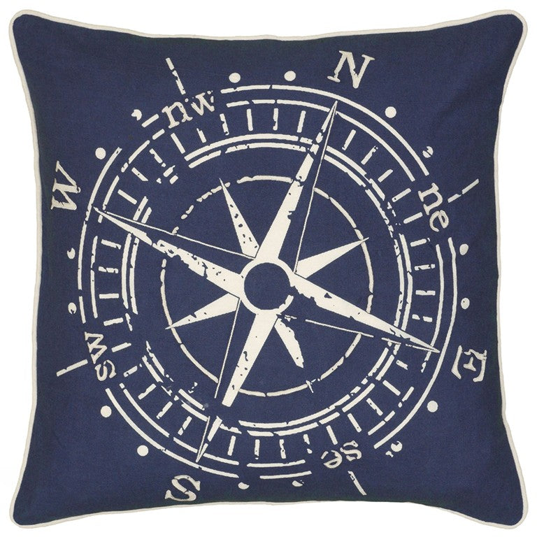 18" Navy and White Nautical Compass Down Throw Pillow