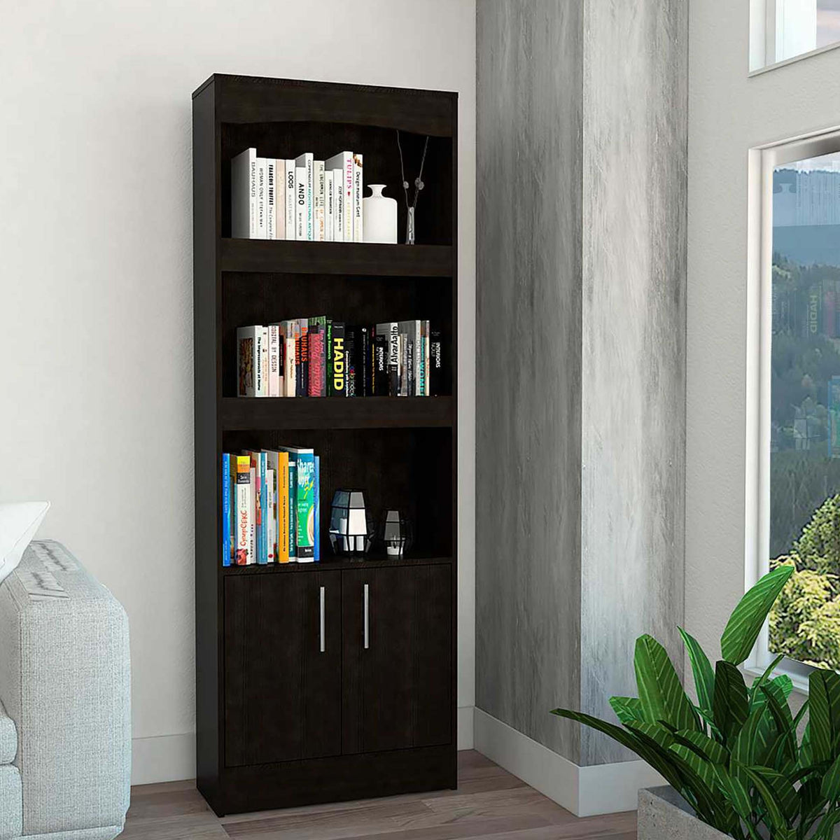 71" Black Three Shelf Bookcase with Cabinet Storage