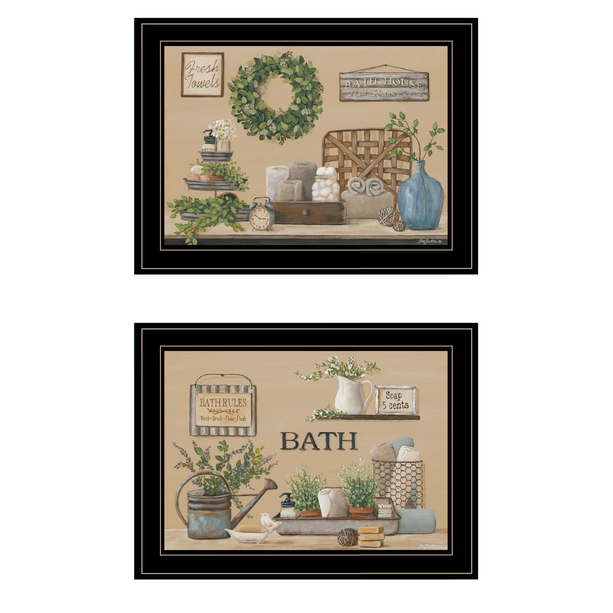 Set Of Two Bath Time 2 Black Framed Print Bathroom Wall Art