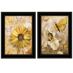 Set Of Two Flowers And Butterflies 2 Black Framed Print Wall Art
