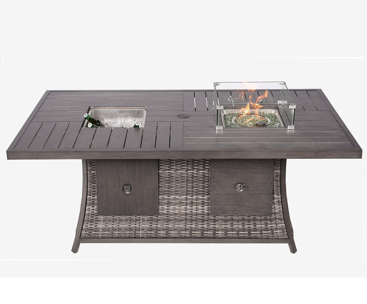 Gray Wicker Outdoor Gas Fire Pit Table with Ice Bucket