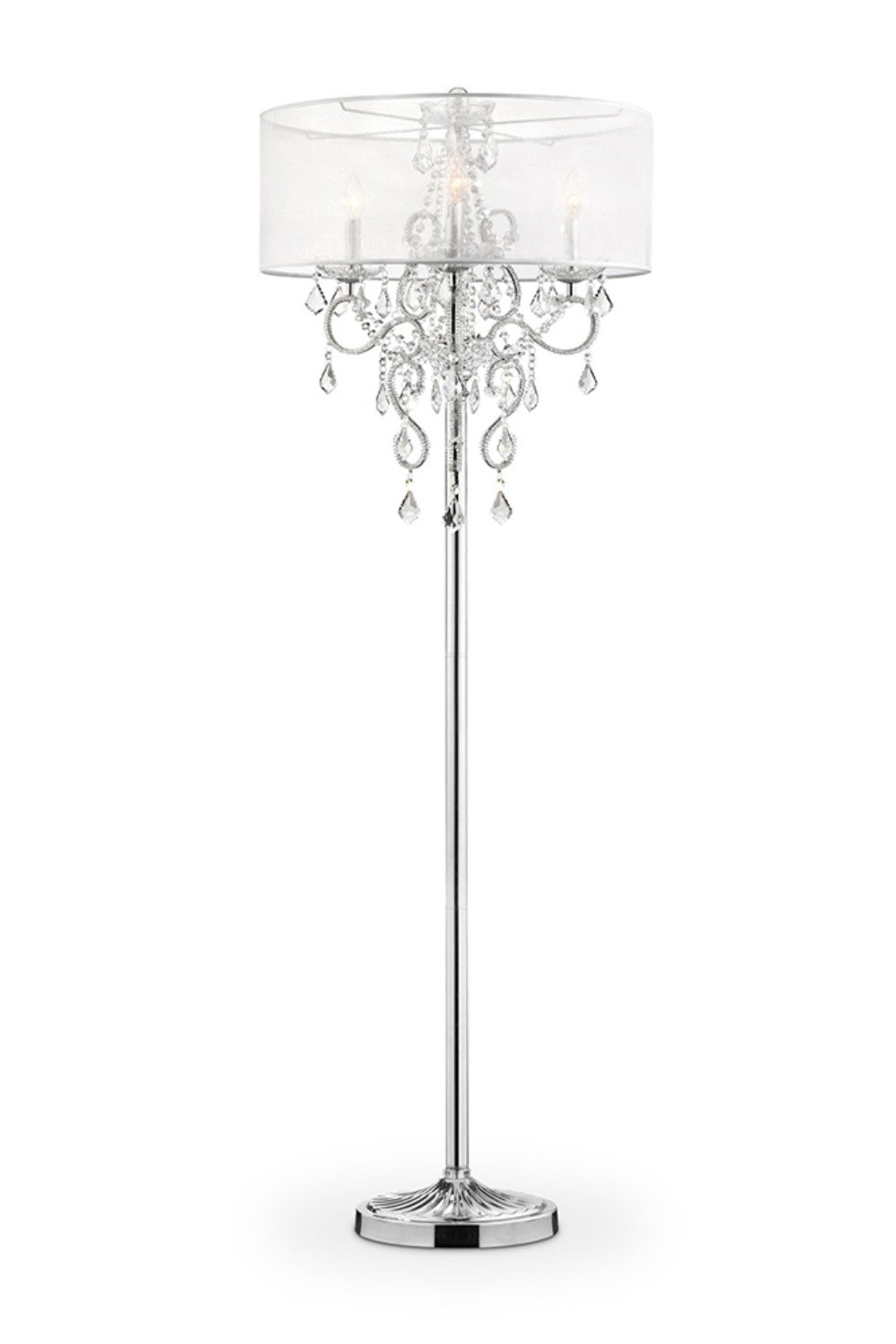 63" Steel Three Light Candelabra Floor Lamp With White Drum Shade