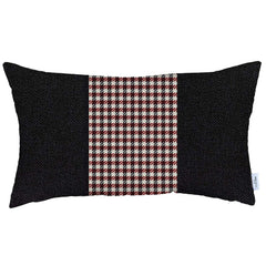 12" X 20" Black And Red Houndstooth Zippered Handmade Polyester Lumbar Pillow Cover