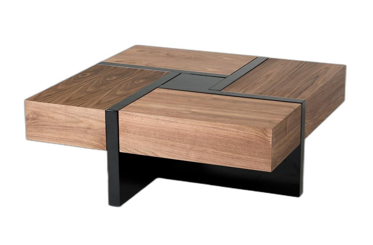 Modern Walnut and Black Square Coffee Table with Storage