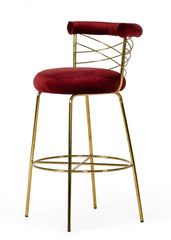 39" Red And Gold Velvet Low Back Bar Height Chair With Footrest