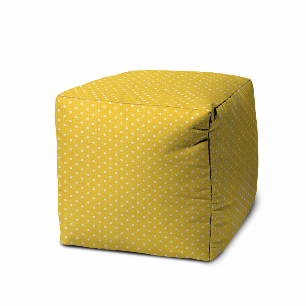 17" Yellow Polyester Cube Polka Dots Indoor Outdoor Pouf Ottoman