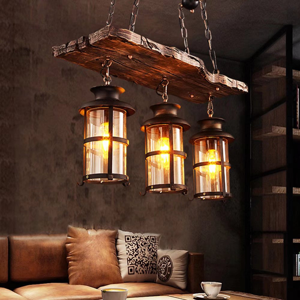 Rustic Wood and Metal Three Light Hanging Lantern Chandelier