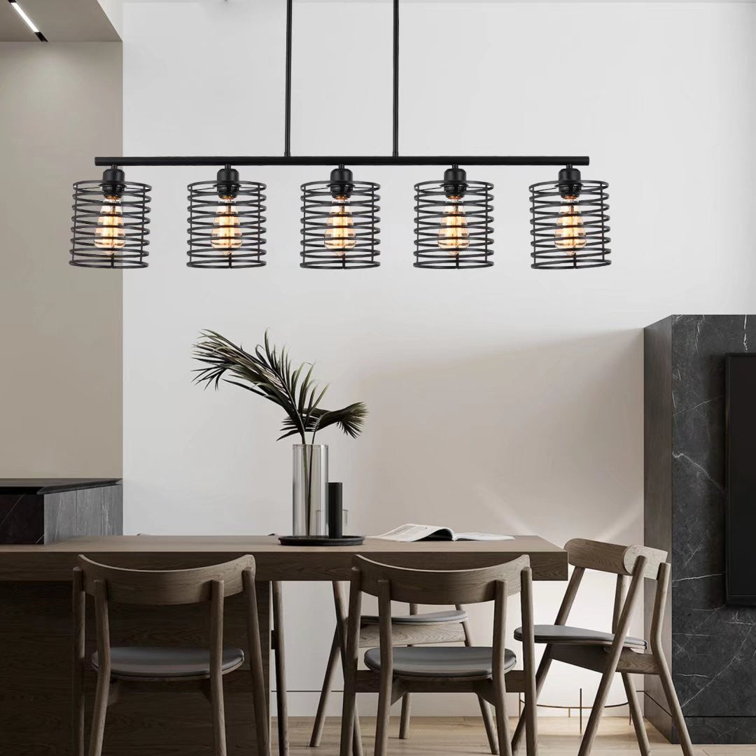 Industrial Black Cage Five Light Metal Pendant Chandelier