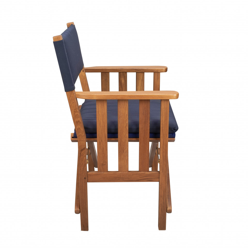 Navy Blue And Brown Solid Wood Director Chair With Cushion