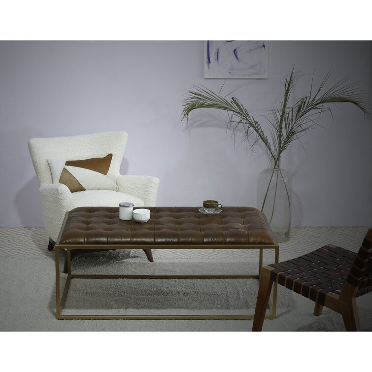 48" Gold And Brown Leather Rectangular Coffee Table