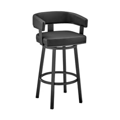 34" Black Faux Leather And Iron Swivel Low Back Counter Height Bar Chair