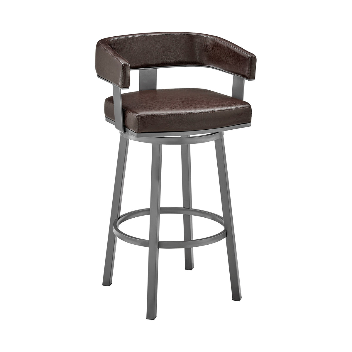 38" Chocolate Faux Leather And Iron Swivel Low Back Bar Height Chair
