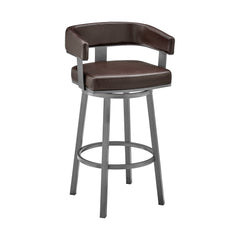 38" Chocolate Faux Leather And Iron Swivel Low Back Bar Height Chair