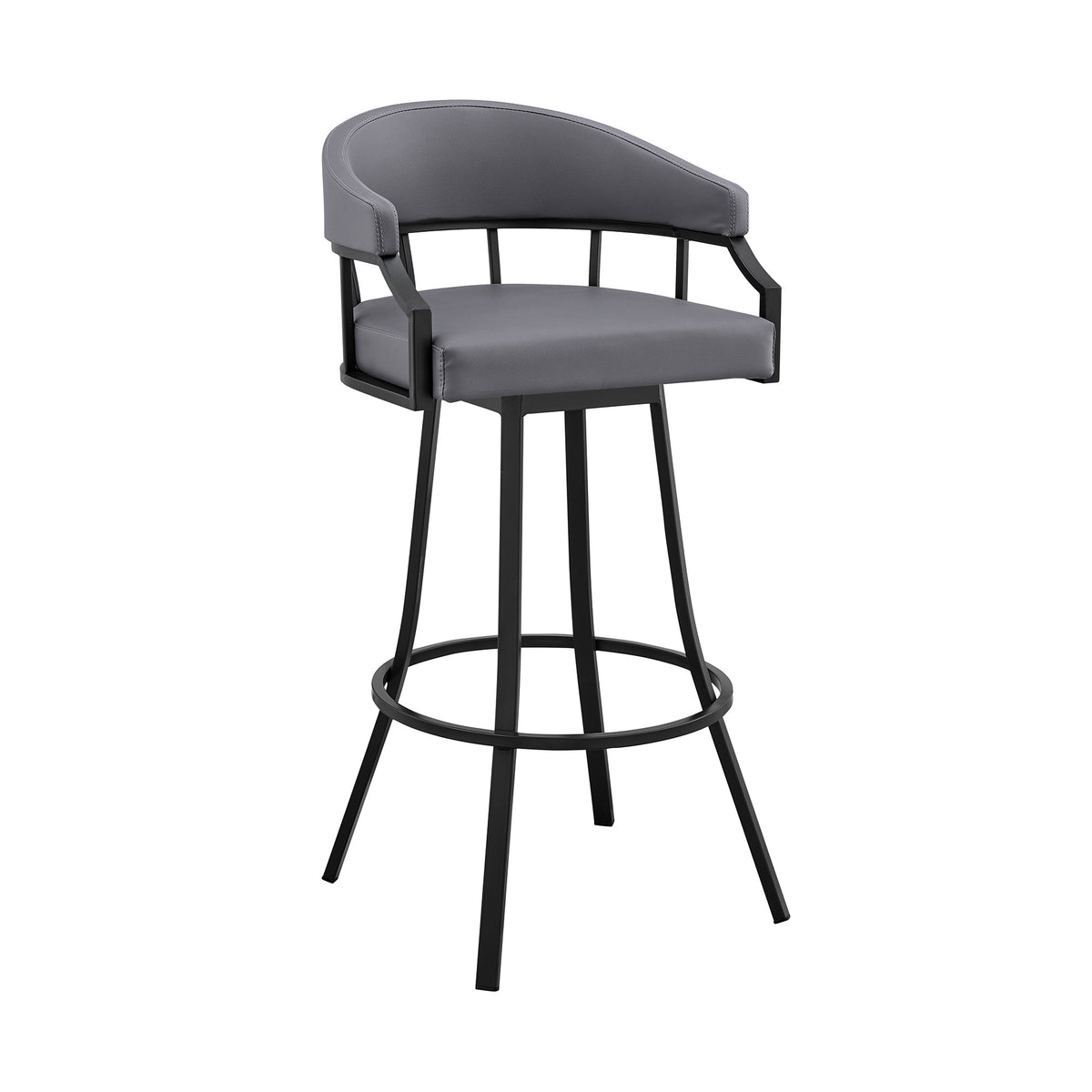 40" Slate Grey Faux Leather And Iron Swivel Low Back Bar Height Chair