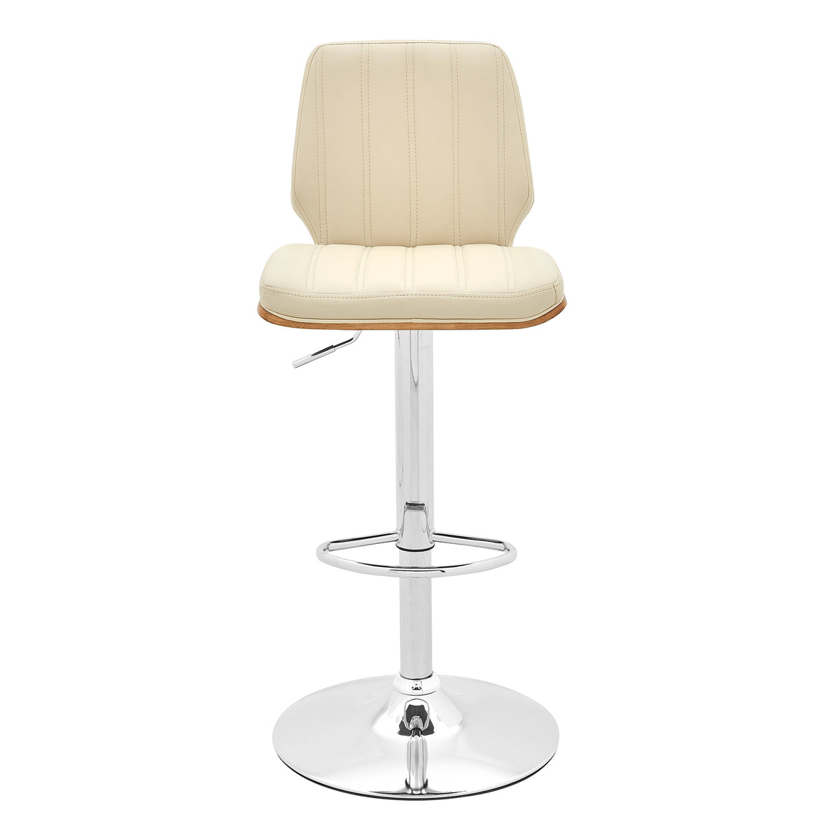 44" Cream And Walnut Faux Leather And Steel Swivel Adjustable Height Bar Chair