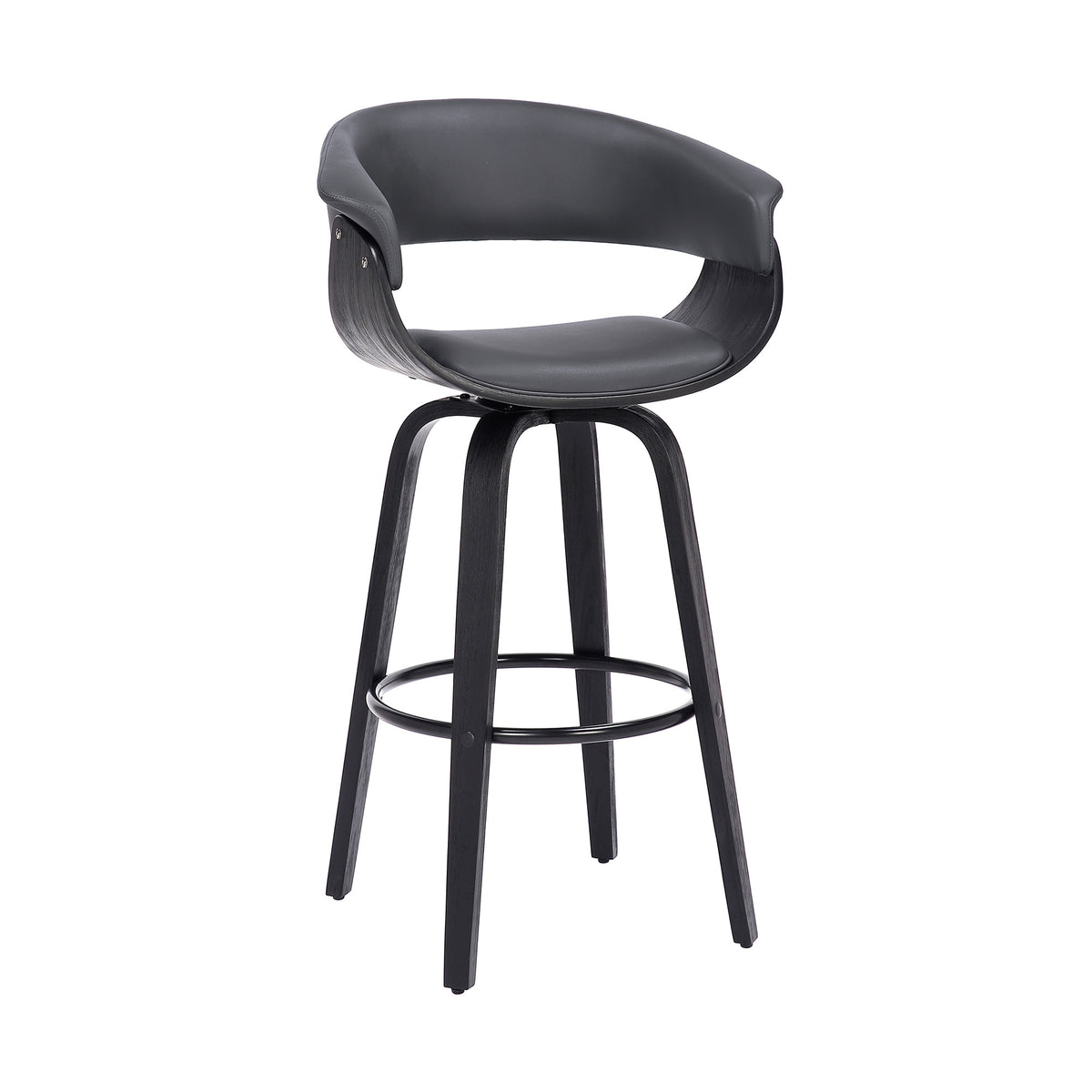 37" Gray And Black Faux Leather And Wood Swivel Low Back Counter Height Bar Chair With Footrest