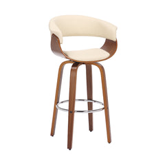41" Cream And Brown Faux Leather And Solid Wood Swivel Low Back Bar Height Bar Chair With Footrest