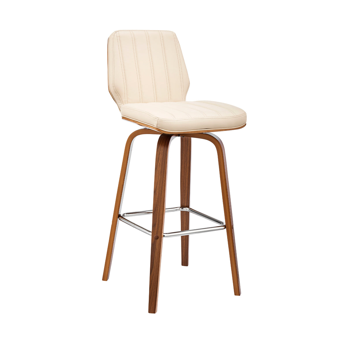 38" Cream Faux Leather Wood Swivel Bar Height Chair