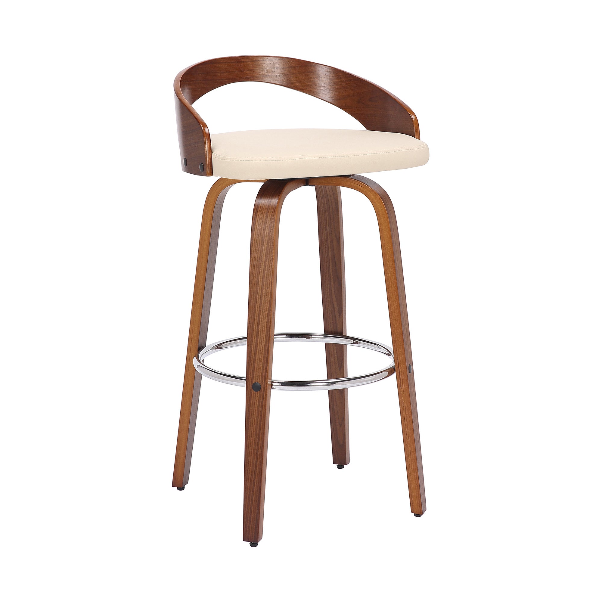 31" Cream Faux Leather And Solid Wood Swivel Low Back Counter Height Bar Chair