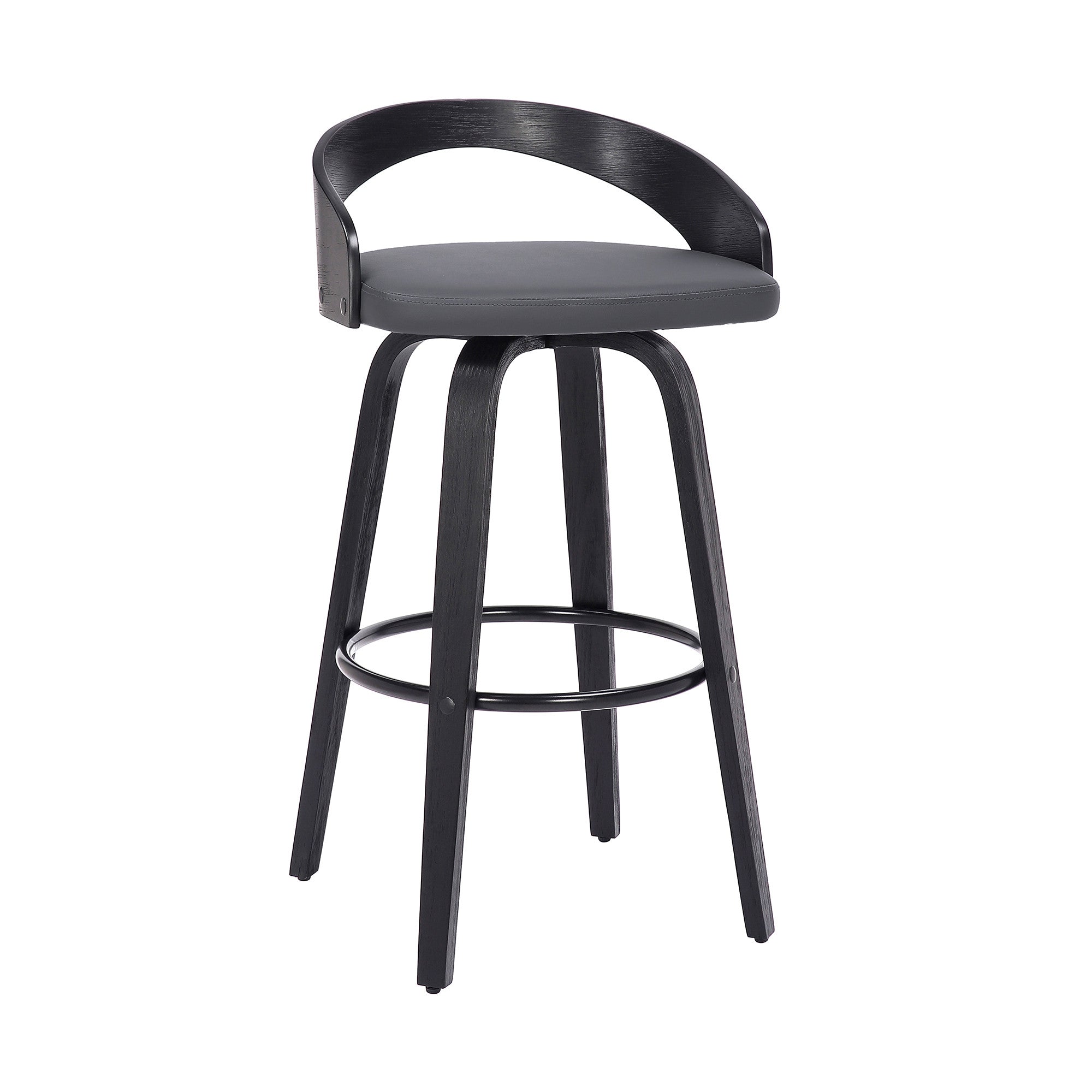 35" Gray Faux Leather And Iron Swivel Low Back Bar Height Chair