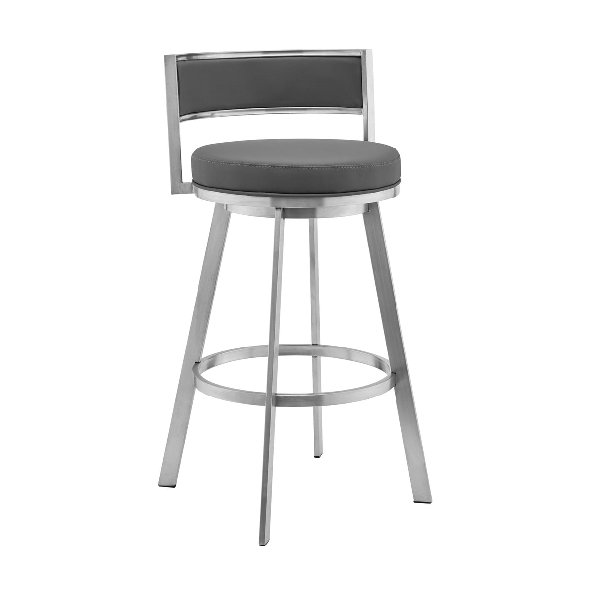 34" Gray Faux Leather And Iron Swivel Low Back Counter Height Bar Chair