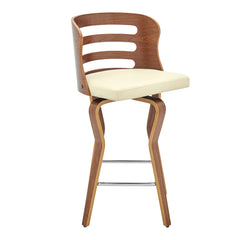 35" Cream Faux Leather And Manufactured Wood Swivel Counter Height Bar Chair