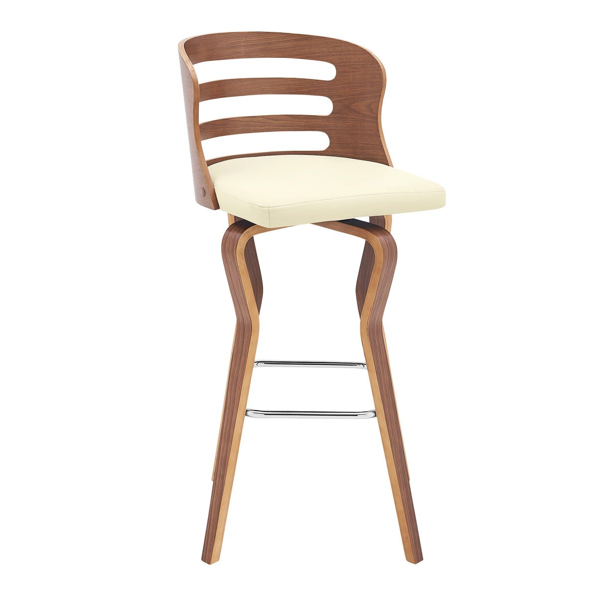 39" Cream Faux Leather And Manufactured Wood Swivel Bar Height Chair