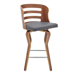 35" Gray Faux Leather And Manufactured Wood Swivel Counter Height Bar Chair