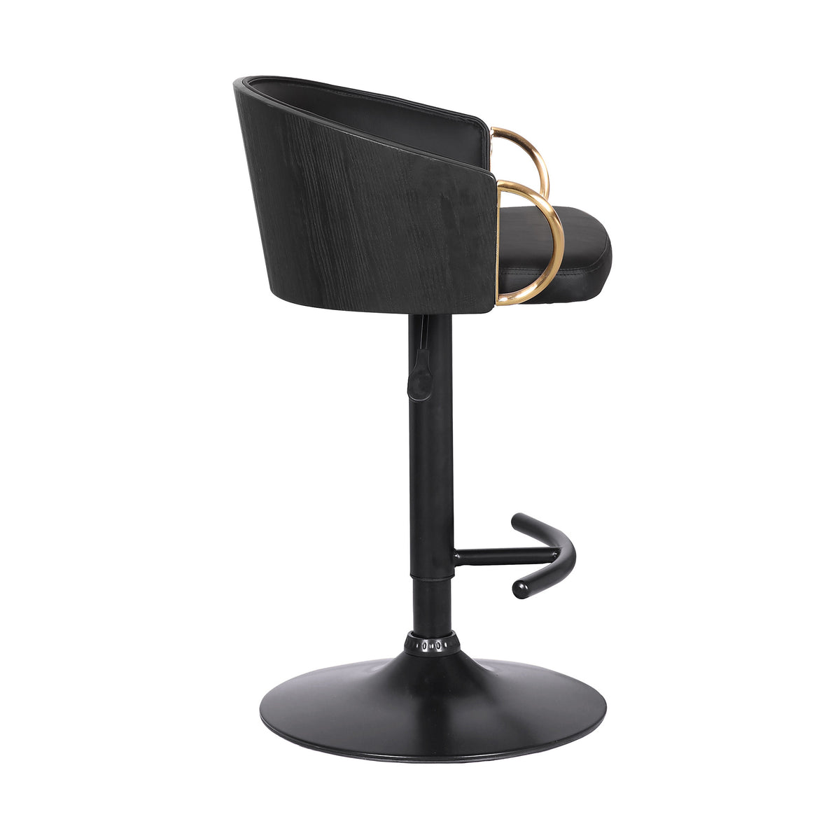 40" Black Faux Leather And Gold Swivel Low Back Adjustable Height Bar Chair With Footrest