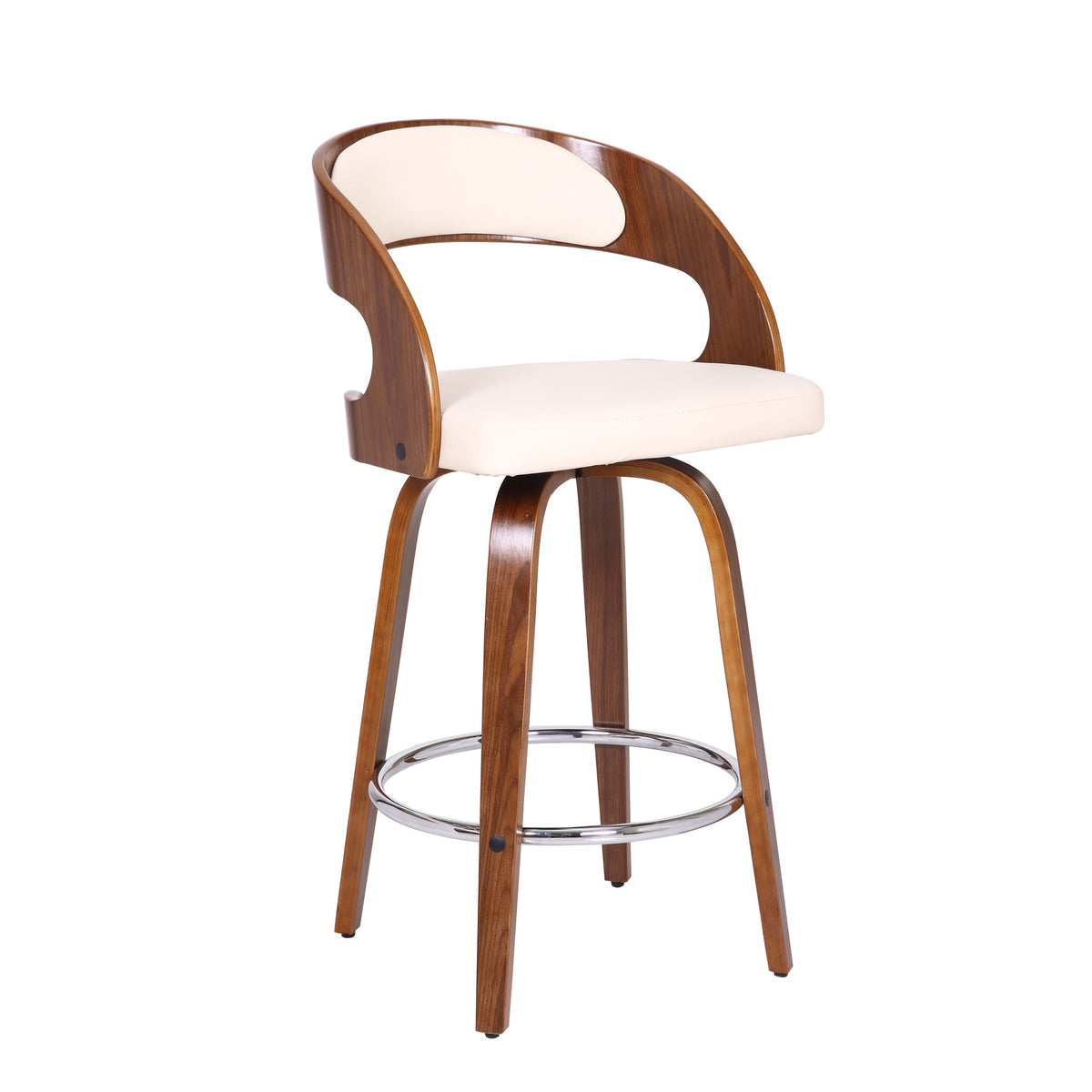 37" Cream And Brown Faux Leather And Iron Swivel Low Back Counter Height Bar Chair With Footrest