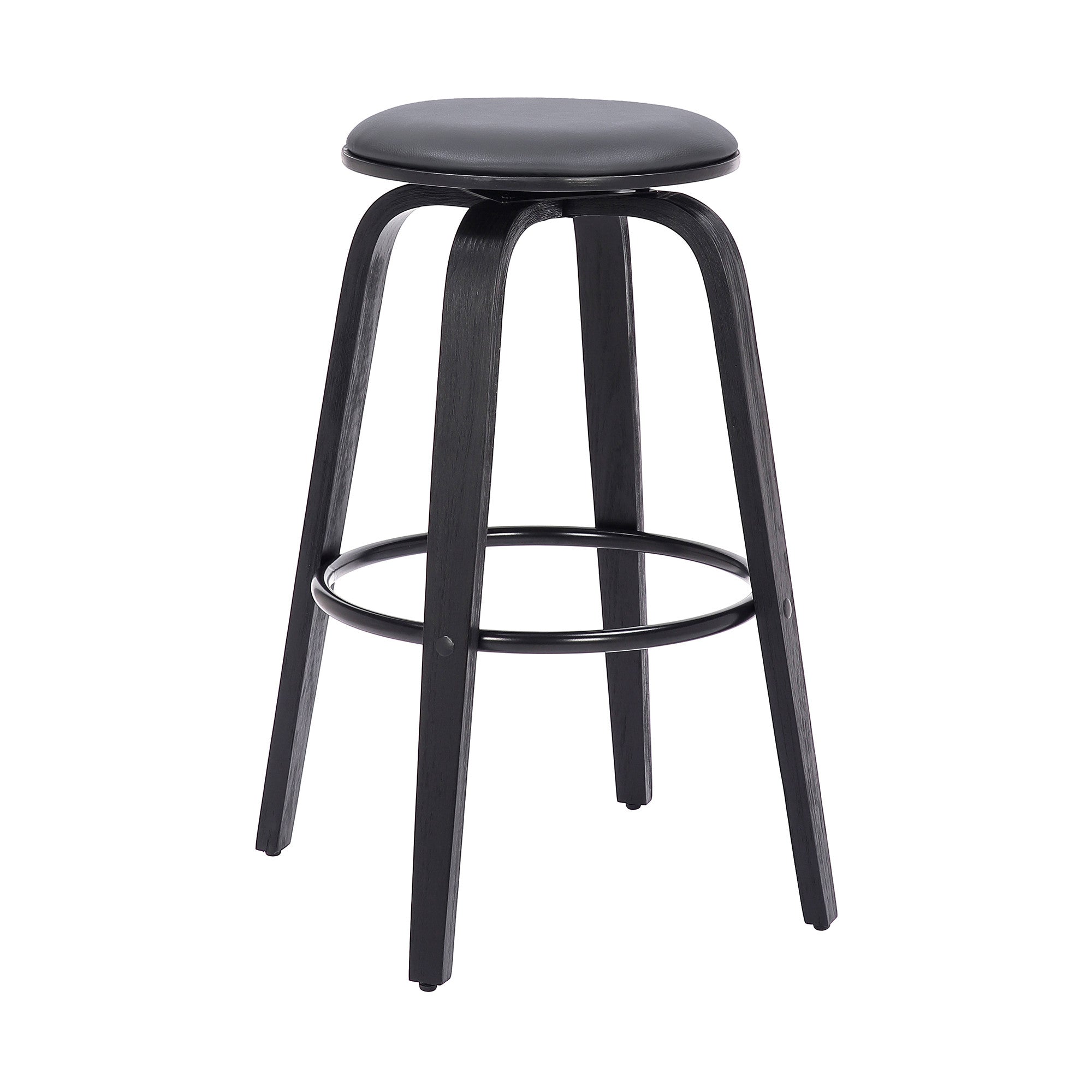 29" Gray And Black Solid Wood Swivel Backless Bar Height Chair With Footrest