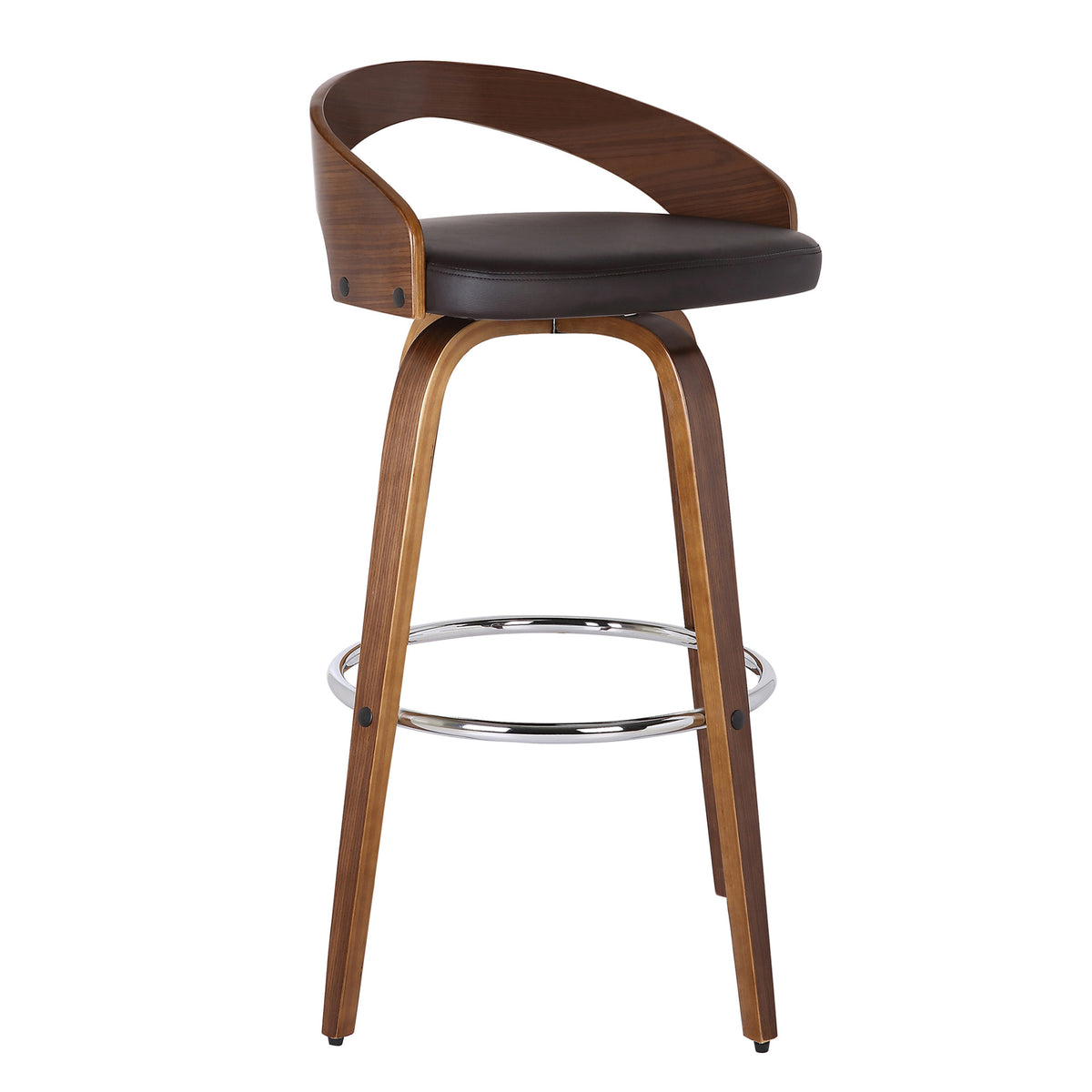 31" Brown Faux Leather And Solid Wood Swivel Low Back Counter Height Bar Chair With Footrest